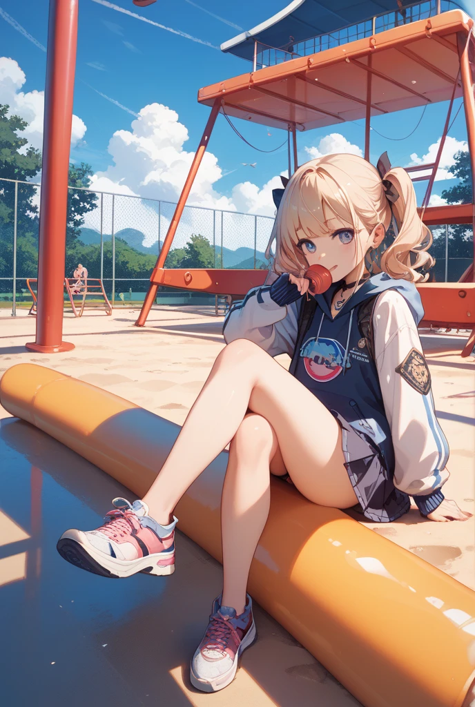 highest quality、masterpiece、Girl、Red coat、hooded sport coat、whole body，black pants、sports shoes、game portrait