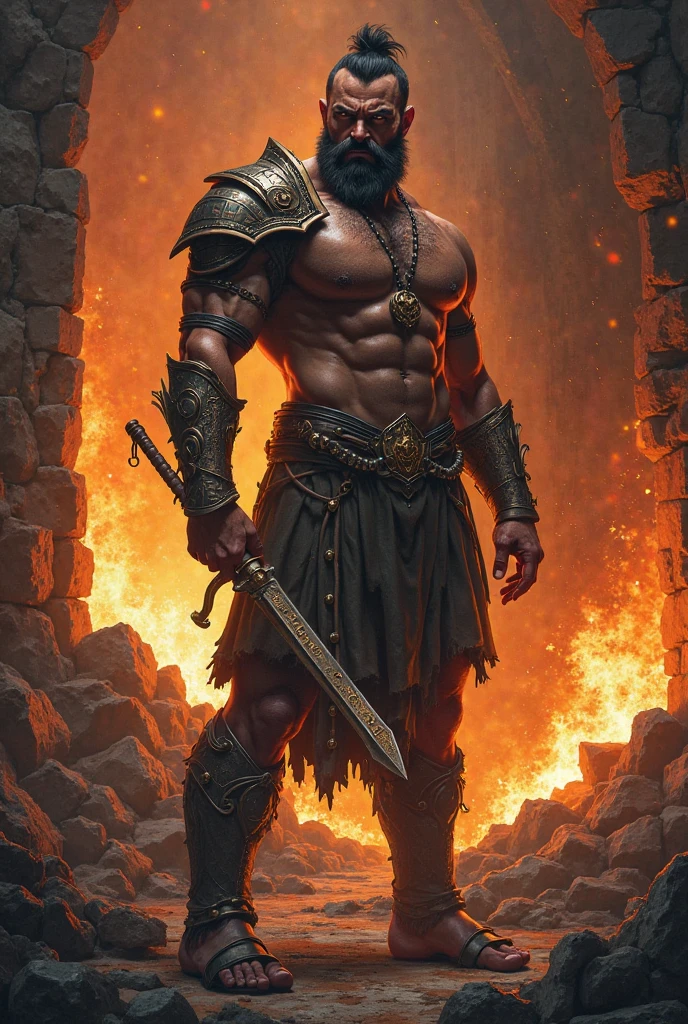 (photorealism:1.2), built up hades, dark fiery skin wearing a black and gold crown, gateway of the greek underworld, fire tattoos on torso and arms, hard lighting, fire and lava in background, souls floating in background, holding a big sword with left hand, a giant cerberus chihuahua at the right side of hades, steady pose, realistic, intricate details, warm colors, fire