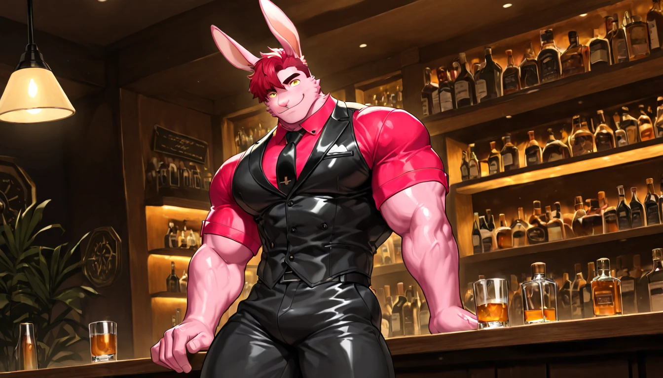 Solo, there is one man, full body depicted, men only, sexy, sensual, playboy bunny, cyberpunk, latex rabbit ears, strip club, SM club, show stage, nymphomaniac, incubus, little devil wings, devil's tail, wink, heart accessories, latex suit vest, collar and bow tie, suspenders, men's leather shoes, gloves, sleeves, socks, G-string bikini, string bite, beckoning, bunny boy, mega muscle, hyper muscle, masculine appearance, mature man, beautiful neon colored eyes, handsome, underwear only, shirtless, no pants, beautiful muscles, complex and elegant, highly detailed digital painting, anime style art, art station, concept art, top quality, masterpiece, Ultra high definition, detailed background, realistic figure, muscular man, beard, muscle, volumetric lighting, depth of field, smooth and sharp focus, illustration, art, black facial hair, trimmed hair, beautiful mesh hair composed of two colors, muscle, navel, muscle, male, gay, hyper muscle, male focus, muscle male, yaoi, muscle, buttocks, pectoral muscles, large pectoral muscles, thick quadriceps, thighs, Wet body, heat and steam emanating from the body, sweating, drenched, crotch, big back, back, looking back, showing back, showing ass, upper class, shiny oiled skin, glittering oiled skin, tanned skin, foam buttocks, drooping eyes, looking viewer, sexy pose, pole dancing, dancing hard, spectator, gigachad muscles, beef cake pose, Super Buff and Cool, SFW Version