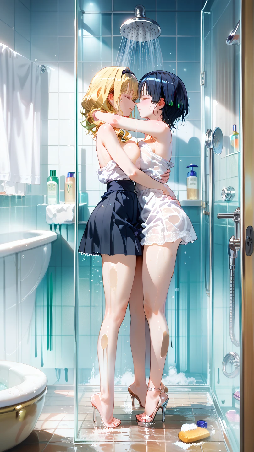 anime、girl、2girls、naked、Mutual masturbation、masturbation、Showing off、M-shaped legs、bed、Spreading her legs、Facing each other、I'm、Squirting、Are standing