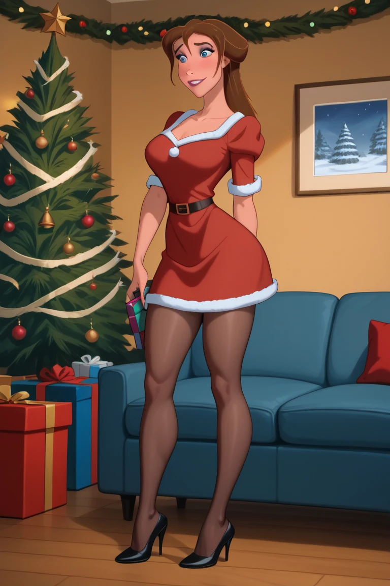 Young sexy wife has long dark wavy hair with bangs and is wearing a skimpy sexy black dress with ultra sheer high gloss pantyhose tights and Christian Louboutin high heels, (((she is kneeling and lifting her dress to expose the crotch of her shiny sheer pantyhose, sheer pantyhose cameltoe crotch))), she has 2 men that are standing beside her with their jeans down and their cocks out by her head, she touches the man’s thigh that is standing beside her in jeans and sneakers and looks at her husband (viewer) for approval, POV man likes to watch his wife with other men, their is a Christmas tree and realistic Christmas decorations in the background, UHD, photorealistic