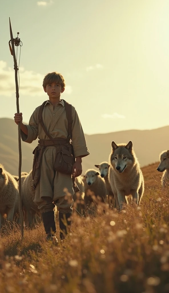 The atmosphere changes to a more serious and tense scene. The boy stands frozen in fear, eyes wide, as a shadowy wolf lurks in the bushes behind the flock of sheep. The wolf’s eyes are glowing, and it looks ready to pounce. The sheep are huddled together, sensing danger.
The Shepherd Boy is 10-. A young boy with tousled brown hair, bright eyes, and a youthful face. He wears simple, rugged clothes typical of a shepherd—loose tunic, shorts or trousers, and sandals. He carries a shepherd's staff, which he leans on when watching over the sheep.
