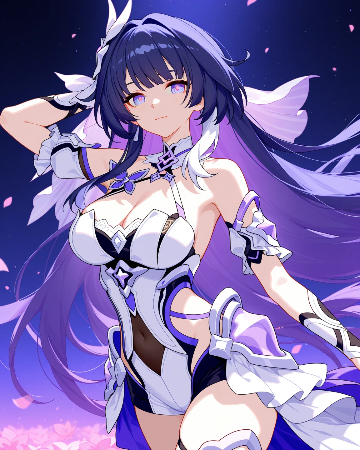 Magical girl　Black costume　mini skirt　Purple long hair　Great style　Large breasts　blush　Embarrassed　universe space