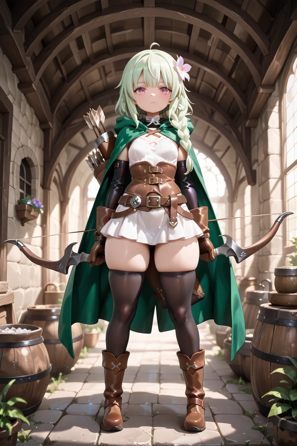 ((masterpiece)), (best quality),, official art, extremely detailed CG unity 8k wallpaper, highly detailed, shiny skin, Depth of field, vivid color,, 1girl, (curvy:1.0), (full body:0.8), portrait sophie mudd, casual pose, gorgeous young model, cute young woman, a beautiful -aged girl, very pretty model, young , cute young girl, beautiful young girl, beautiful model, long light green hair, young and cute girl, girl, High Elf Archer, Goblin slayer anime, High Elf Archer from anime, anime, wearing brown cape, holding BOW in her hand, bow is on her back, stack of arrows, archer, shy, short, full body view, single person, only single person in image, fullbody view