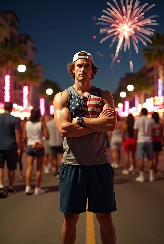 ((Handsome 35 year old caucasian male with desireable features standing topless with hands on hips, an American flag wrapped around his lower body)), colorful fireworks and confetti in the background, BREAK, medium length light brown hair, cropped sides, clean shaven face, no facial hair, intriguing green eyes, BREAK, athletic physique, bright studio lighting highlights his excellent features