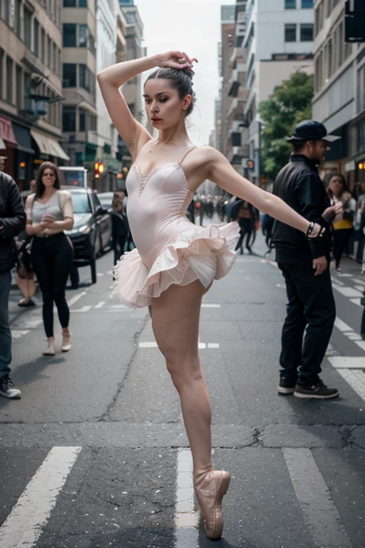 young woman:1,Blonde hair, bright highlighting, green slanted eyes, sharp upturned thin nose, freckles, plump lips, blush, thin chiseled figure), (Best quality, 4k, 8K, a high resolution,masterpiece: 1.2),Super detailed (A ballerina in the center of a big city dances in a tutu and ballerina pointe shoes: dancing in a tutu, in pointe shoes, black swimsuit. She is blonde with green eyes. long skinny legs, big breasts.