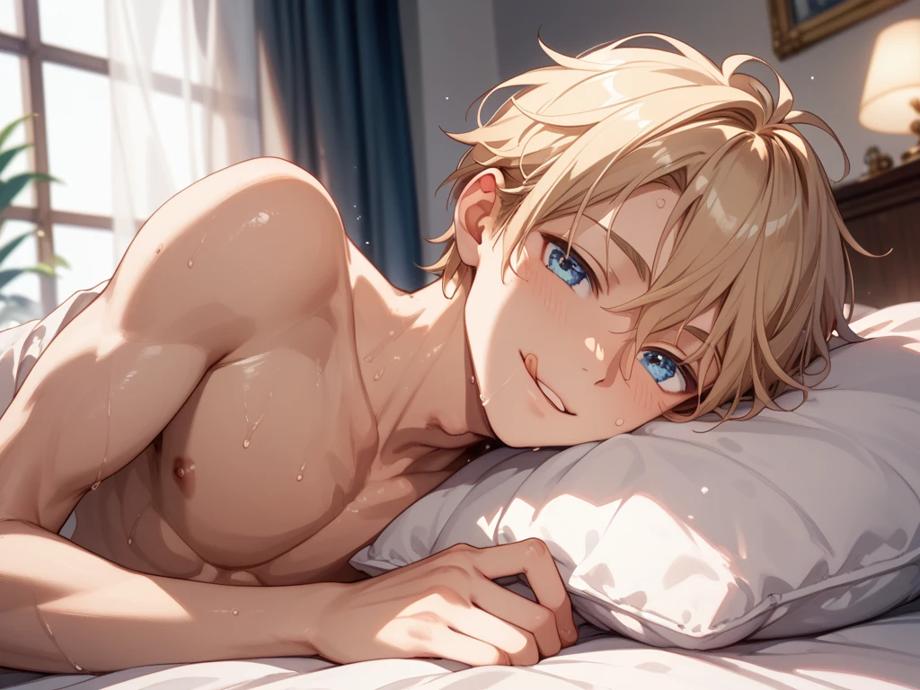 1boy, solo, ensemble stars, Mika Kagehira, messy hair, heterochromia, left eye yellow, right eye blue, in bed, laying, sleepy, perfect anatomy, cozy, horny, naked, huge cocock
