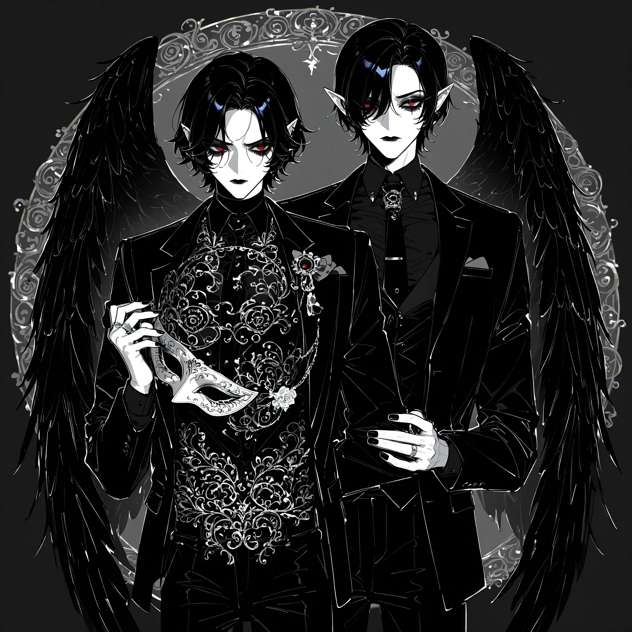 (boy character/MIDDLE AGE MAN/male bodybuilding) The crow beastman (MALE CHARACTER WITH MALE BODY TYPE). The tall mighty man broad-shouldered with masculine features. He has white skin. He has dark makeup on his face in the form of a stripe in the eye area.  He has short slicken back jet-black hair,his shortcut hair was combed back. Eerily red eyes. pointed ears with black feathers.  He has huge black crow wings behind his back. He has black nails with one silver wedding ring on his arm. He is dressed in male three-piece black suit: jacket , vaist, black shirt, and men's tie decorated obsidian black crow feathers. He wears a Carnival of Venice  black raven half-mask on his face. He has a stern/angry expression full of hatred. On the background: Ball hall in art Deco style, Masquerade ball.