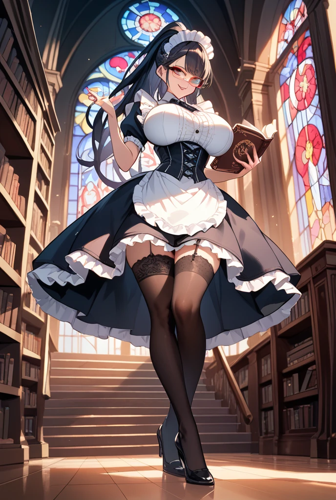 masterpiece, best quality,  nsfw,  cute, 1girl, full body, sunset, curvy, BLUE hair, long hair, ponytail, blunt bangs, embarrassed, open mouth, tongue out, large breasts, pointy breasts, small, maid, black frilled bra, black frilled panties, straddling, skirt lift, show off nipple, cameltoe, (sweat), steam, expressionless, bookstore,