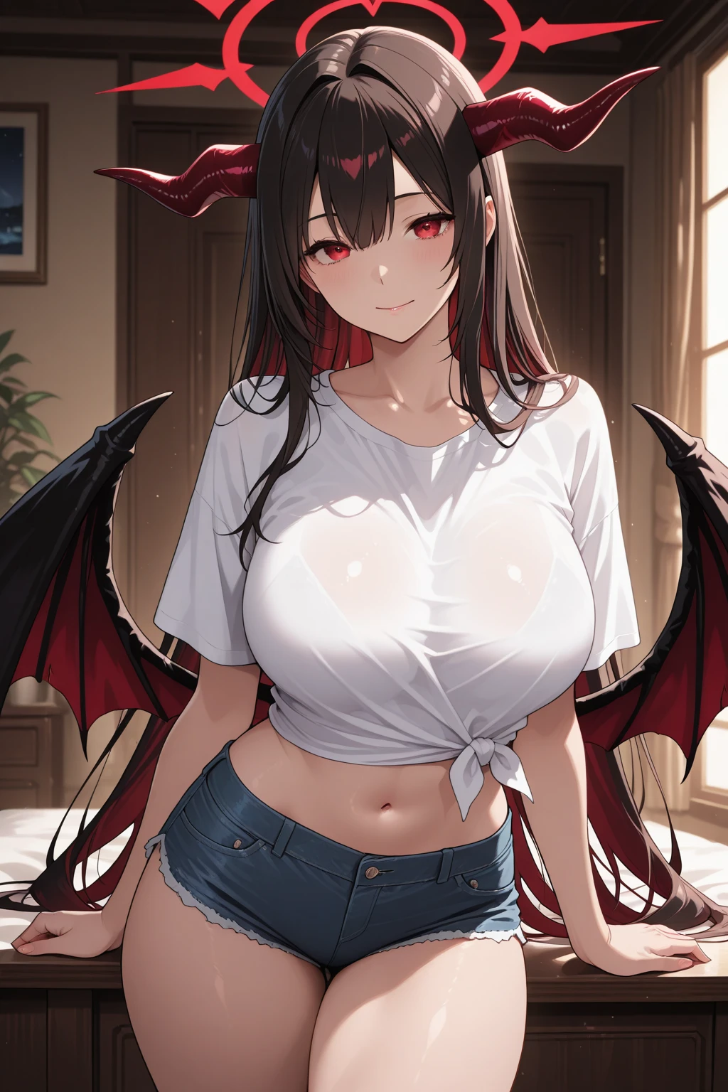 (8K、RAW shooting、highest quality、master piece:1.2)、Super detailed、super resolution、(real、real:1.37)、Portrait、High-definition RAW color photo、professional photography、highly detailed face、 highly detailed body、 perfect anatomy、detailed background、(((1people Girl and the Demon King１people)))、(20:1.2)、20th generation、pretty girl、Realistic body shape、、White skin、glowing skin、slim body、black hair、((short hair))、(neat bangs: 1.4)、cute face、real-looking face、delicate eyes、Drooping eyes、((jungle))、((Captive Woman))、(((No bra)))、(((whiteＹshirt)))、(((The woman&#39;s shirt was removed、a woman&#39;s breasts are exposed.)))、((Black panties))、((Woman with wide open legs))、((standing posture))、((tough demon king:1.5))、((Demon king hugging a woman from behind、Grabbing a woman's breast))、((the devil is naked))、((the rope tied her body))、wet body、((Rough rope digging into my crotch))、((A large amount of liquid flows out from the crotch))、((both hands tied))、((restraint))、((the devil puts his hand inside the woman&#39;&#39;s crotch))、earrings、necklace、bracelet、((face turned to the side))、((Woman closing her eyes and yawning loudly))、((look at the devil))、contrapo、dynamic lighting、((B cup with firmness))、((look behind you))、((Anguished expression))、