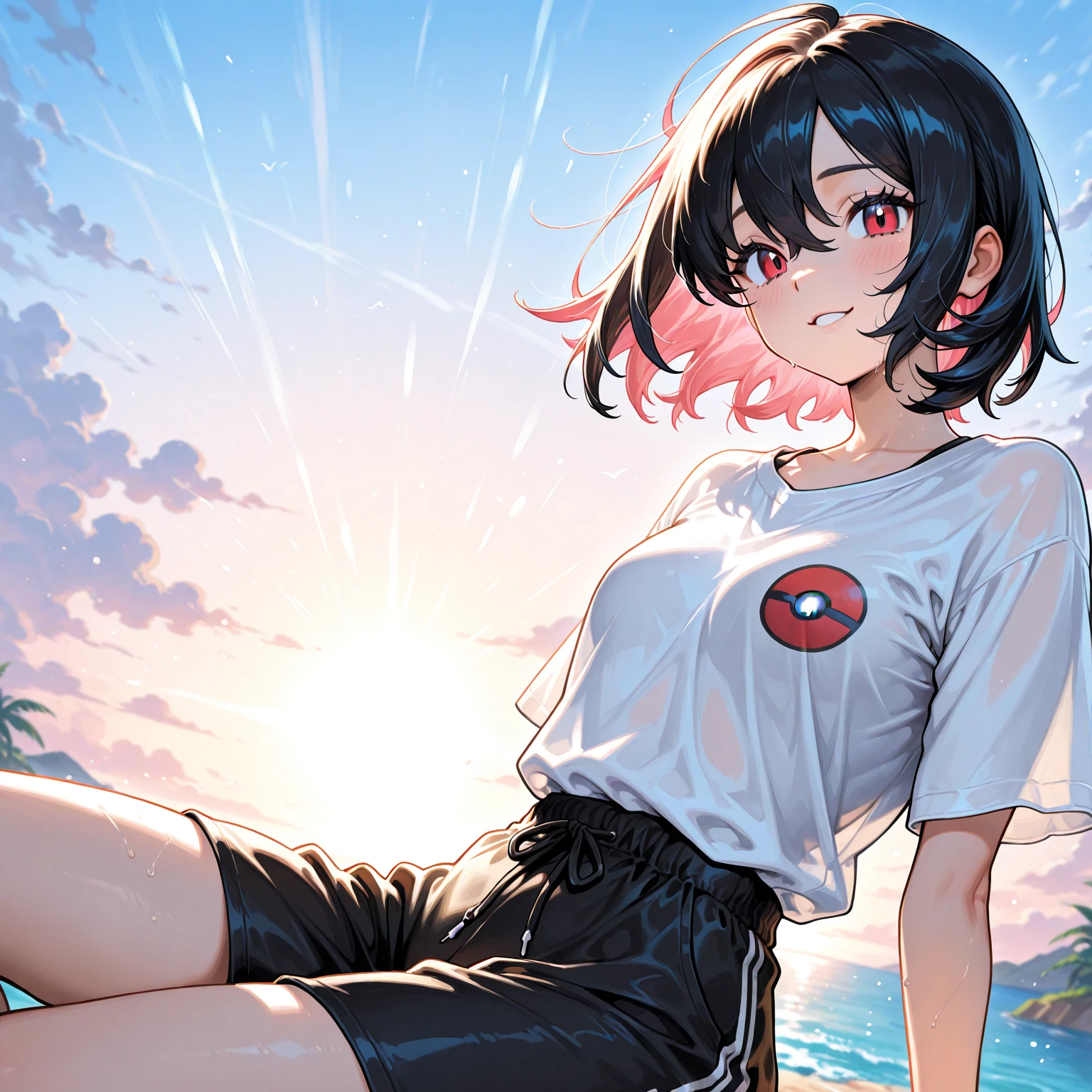 night, sand,、、、 fuzzy detailed background, starry sky, galactic stars, coconut trees, starlight, t-shirt, shorts, cowboy shots, perfect, (raw photos, best quality, 1), ultra high definition, (realistic, photorealistic: 1.75), one young girl wearing big, watch viewer, bottomless, transparent silhouette (wet body) 1.4), ( Clear silhouette with super detail, big eyes, (ultra-thin body: 1.2), with skindentation, bob hair, blush face, seductive vision, blush face, perfect detail face, drink,