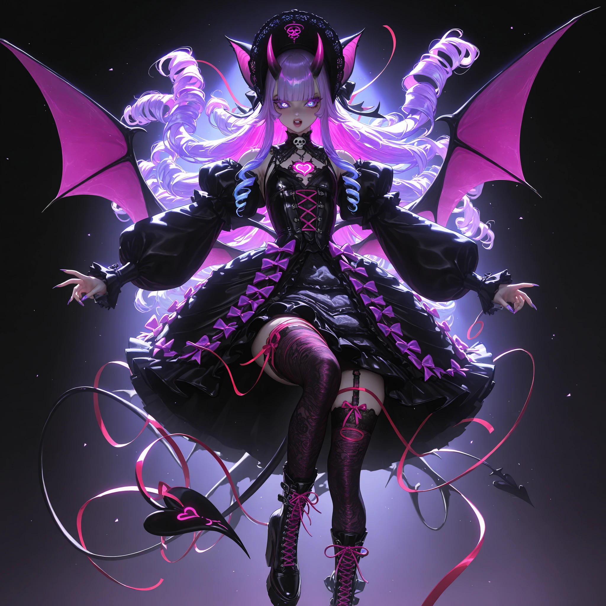 (Best Quality, UHD, 8K, Masterpiece:1.5), devil girl, wings, holding a whip, neon, ((glowing horn:1.3, glowing tattoo:1.3, glowing eyes:1.3))
