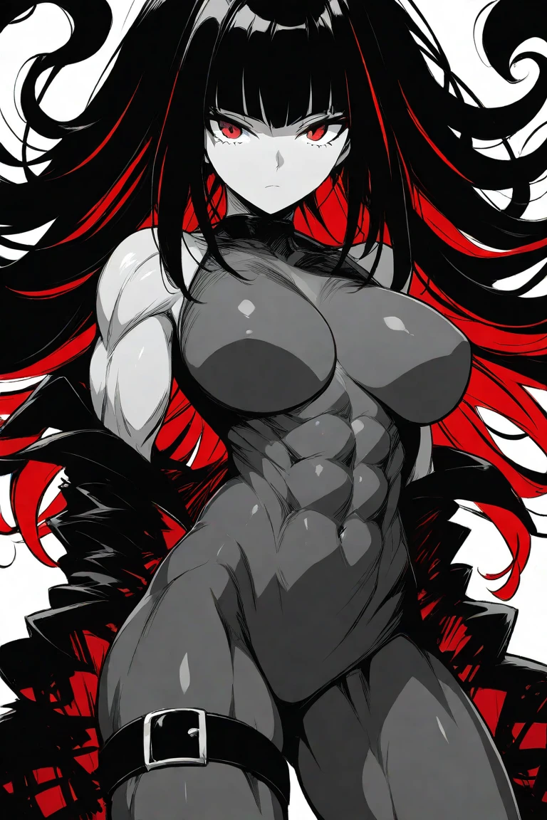 A girl with long straight dark hair, eyes with dark pupils, She has defined muscles and thighs, but that's normal for a beautiful woman., she wears dark pants and does not wear a shirt showing her medium breasts, and a dense dark energy over your body, which only covers your arms leaving them completely dark, her aura is completely dark and only covers her arms, leaving her bare breasts exposed, She has two dark arms because of the dark energy that surrounds her body, totally dark aura in the form of a dense cloud