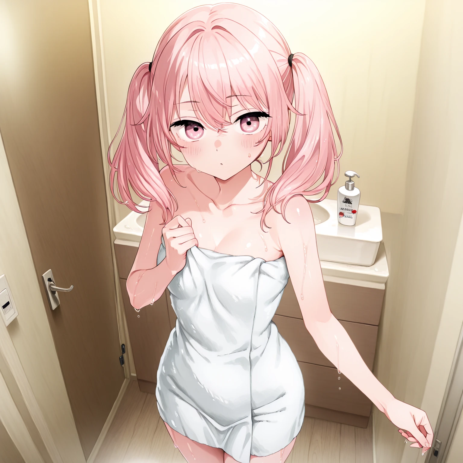 Girl with pink hair, long twin-tail hairstyle,((small bushy eyebrows)), naked, lolicon (Zankuro) drawing style by zankuro artist, ザンクロー style, image uploaded to R34, ((oldman raping a girl in a street)) view from above, against a wall , facing to camera