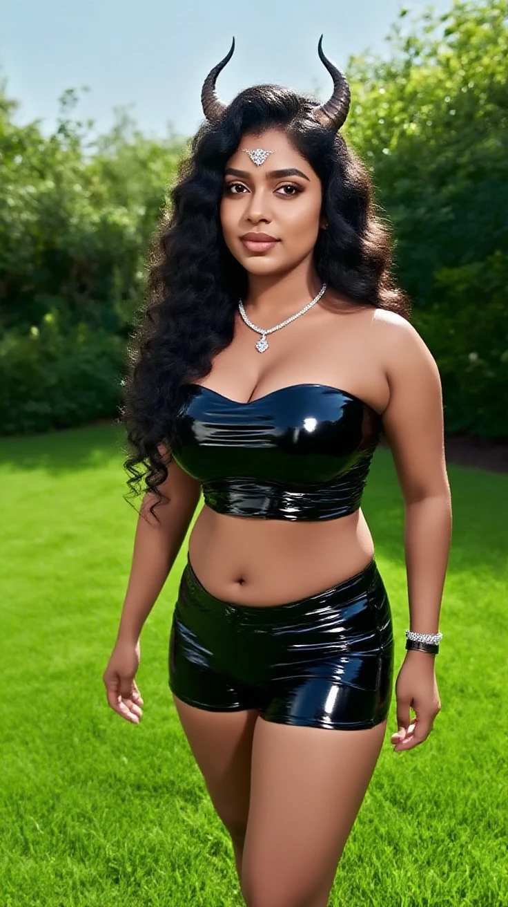 1girl, portrait of SobhitaD, solo, smile, black eyes, jewelry, earrings, breasts, cleavage, necklace, medium_breasts, Wearing Tight Hug Slim Long Deep Black Shiny Metallic Slit Latex Mermaid Gown, volumetric lighting, best quality, tonemapping, sharp focus, hyper detailed, realistic