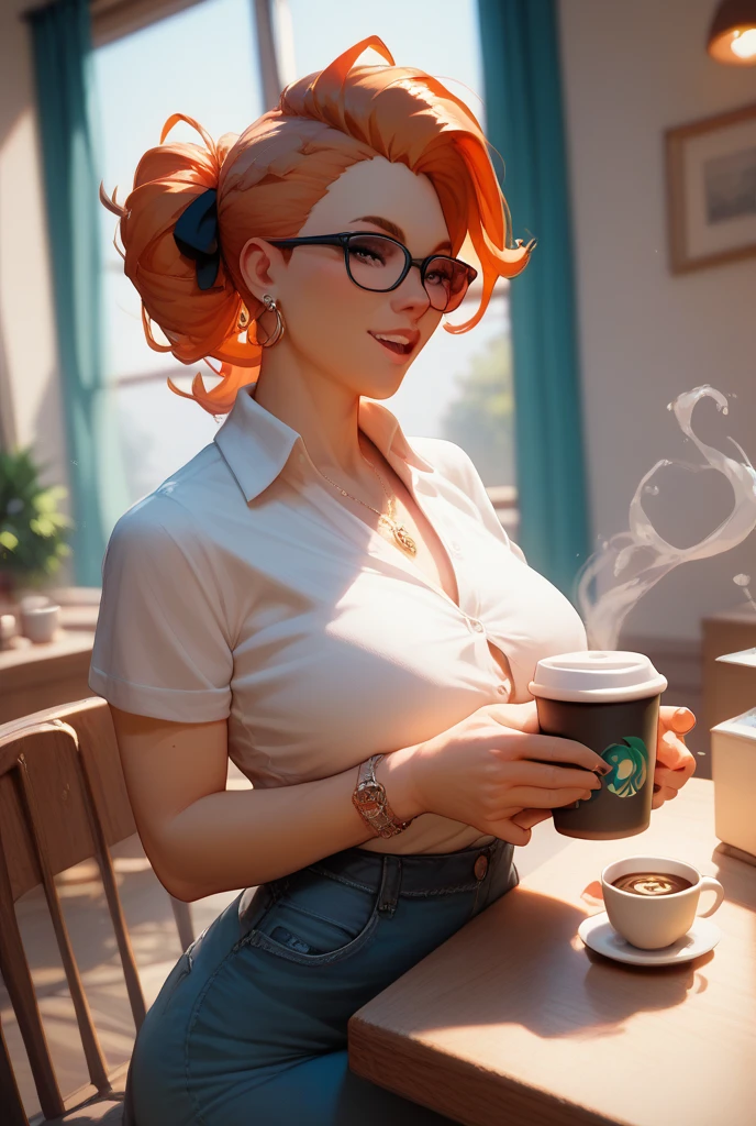 NSFW, a full body photo of a stunning redhead woman with messy hair, (unbuttoned white transparent blouse), smiling, green eyes, flirty, sits in a coffee shop, short black skirt, messy bun, camera from above, voyeuristic, intimate, soft light, warm glow on her face and body, computer, focused, skin and hair, soothing, high-detail skin texture, (freckles:0.5), hdr, partially exposed