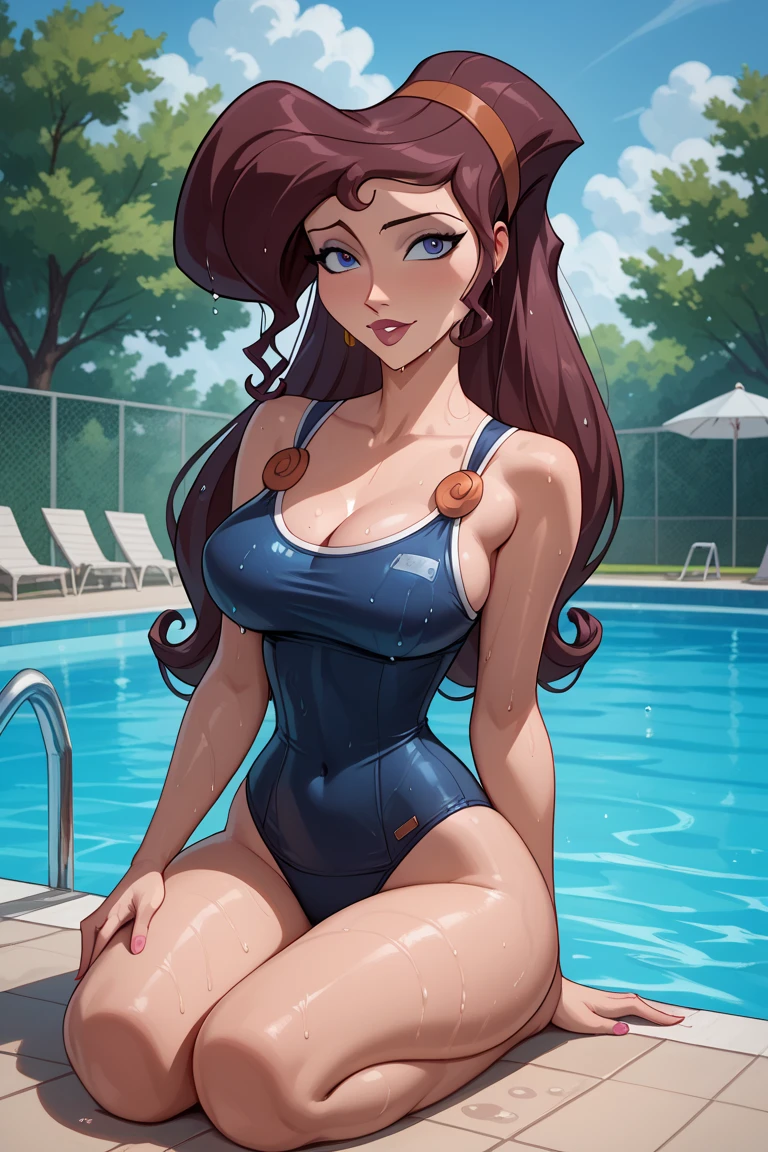 TyLee, ((brown hair, braid, glowing brown eyes, wide eyes, lipstick, makeup, narrow waist, skinny, medium breasts, alone)), pelvic curtain, ((red bikini)), full body, perfect body, (insanely detailed, beautiful detailed face, masterpiece, best quality) , (((solo))), (((1girl))), (((mature))), (extremely detailed 8k paper CG wall unit: 1.1), (swimming pool, dusk), (smile face for the viewer), Sitting on the edge