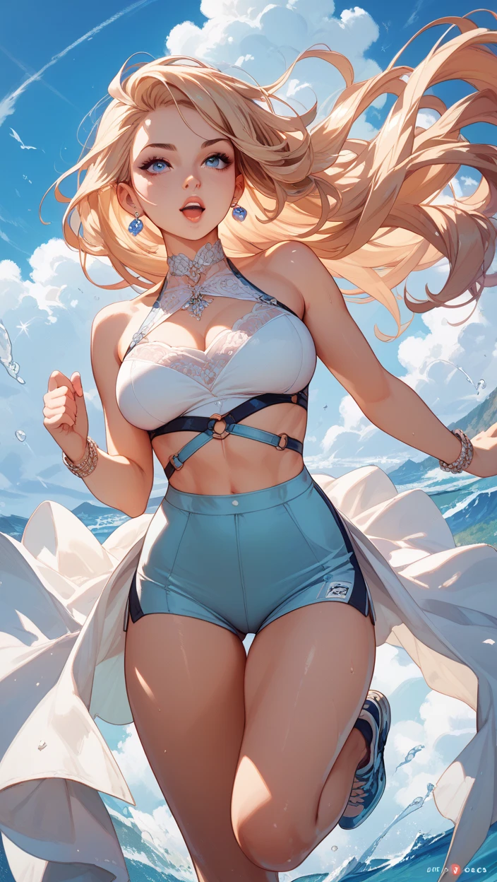 Anime style, super fine illustration, super clear illustration, highly detailed, beautiful detailed, super pale tone image, super delicate illustration, super calm & static image, sexy posing Portrait, static representation, gentle expression, 8k, angle from behind, pretty 1girl with blonde straight short hair & blue eyes & a bright smile & Big breasts & wide hips & pink nipples & soft fair skin is wearing the swimsuit on the beach of caribbean clear sea, Magic Hour, romantic stories, solo, perfect 5fingers, perfect arms, perfect legs, masterpiece, 布ははためかない, 布はいらない,