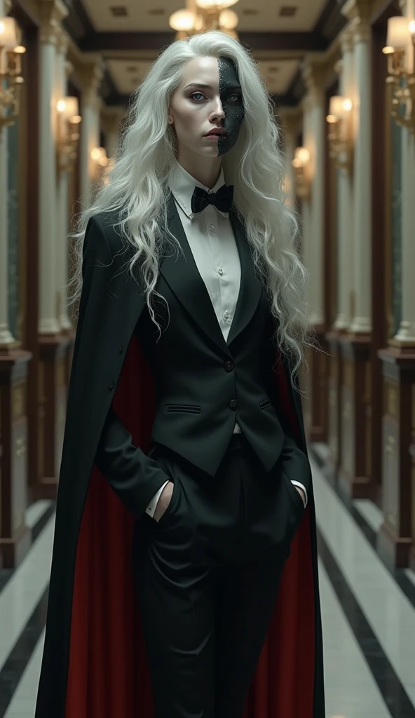 8k, masterpiece, top quality, surrealism, Right half of face is female、left half of face is male、Long white wavy hair、I'm wearing a cloak over my tuxedo、is a luxury hotel hallway、