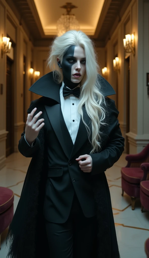 8k, masterpiece, top quality, surrealism, Right half of face is female、left half of face is male、Long white wavy hair、I'm wearing a cloak over my tuxedo、is a luxury hotel hallway、