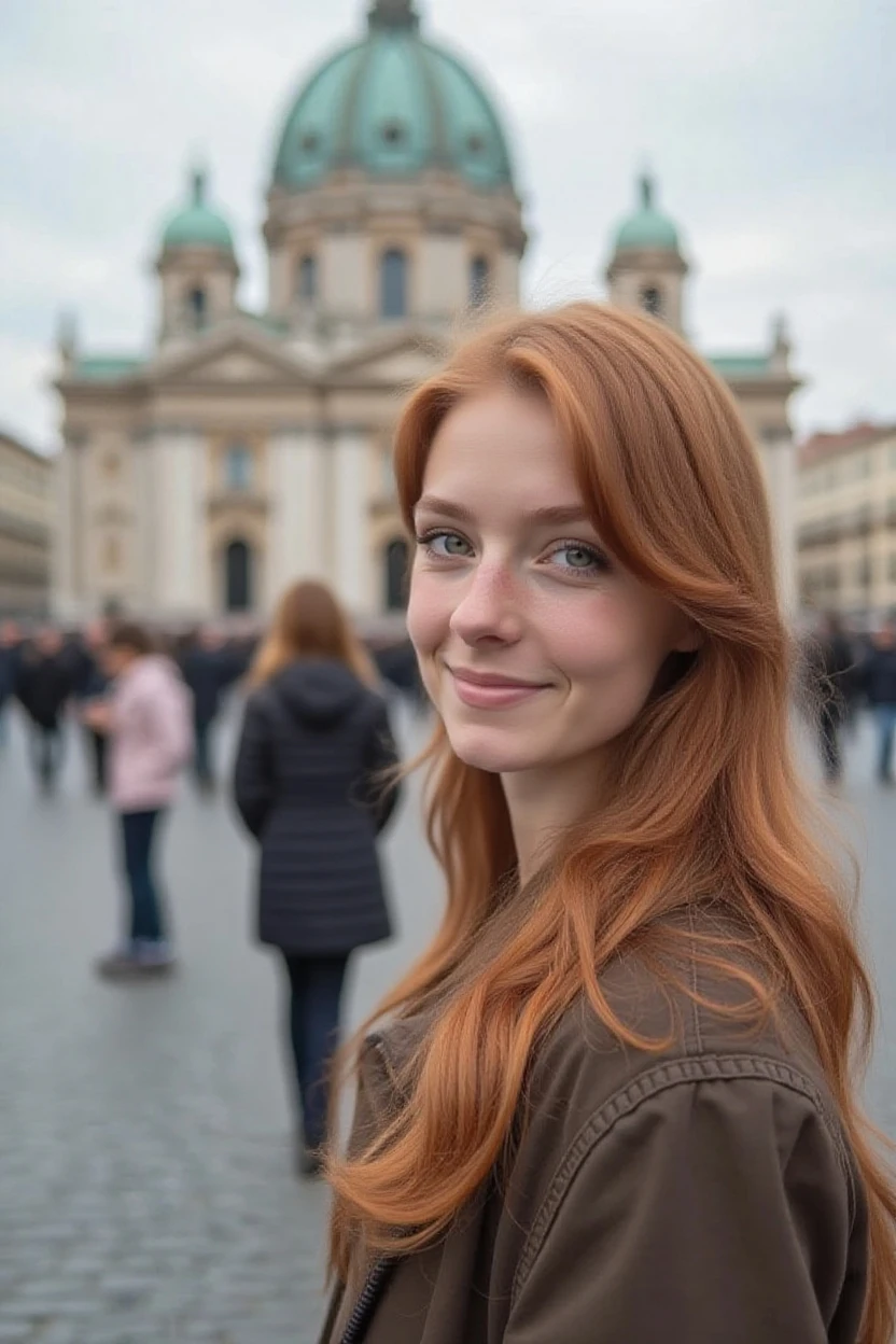 Elena Fernades, Fiery red hair, bright blue eyes, stands in Potsdam in front of the famous castle on the steps, dressed sportily and smiling from above into the camera. ultra-realistic photo
