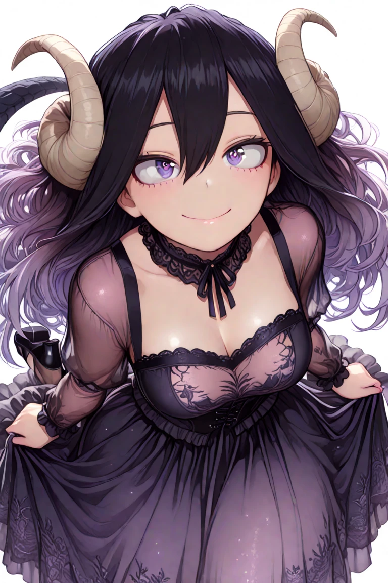 1girl with long black hair, one pigtail, right eye violet, left eye green, smiling, black bra, black short, pain on skin