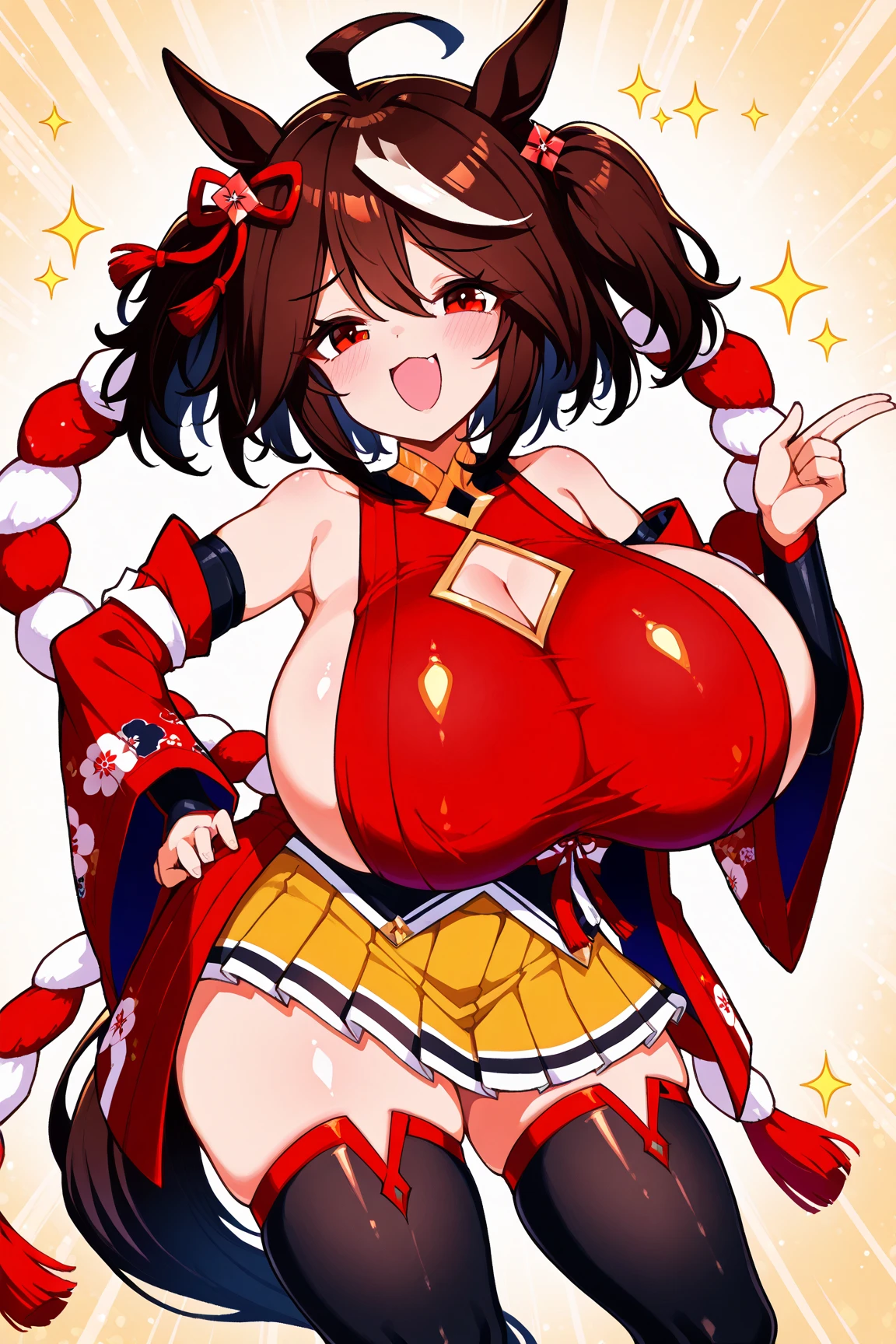 Anime illustration、highest quality、Shrine worship hall、Voluptuous gravure idol、Shrine maiden、Perfect proportions、Overwhelmingly large breasts、Thick legs、Beautiful, shining eyes、Blushing、smile、Cowboy Shot、Reimu Hakurei