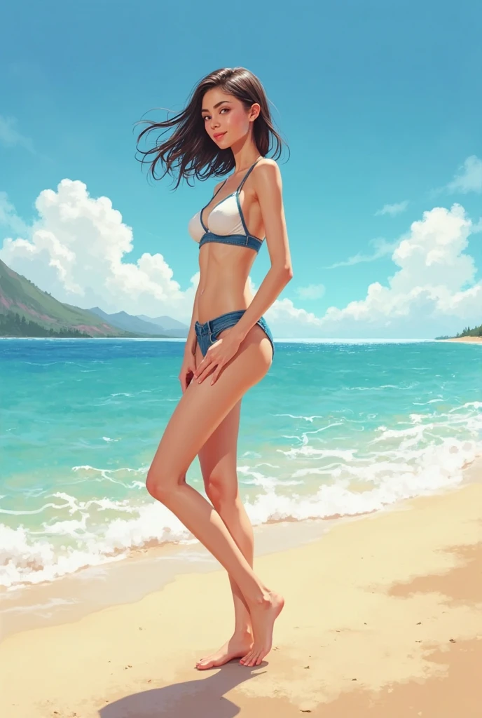 ((Young Woman::0.8)) ((Cheerful::0.7)) ((Wearing a colorful summer swimsuit::0.6)) ((Wave and smile::0.9)) ((Blue sea and white sandy beach background::0.8)) ((sunny summer day::0.7)) ((Strong midday summer sunshine::0.8)) ((Contemporary resort environment::0.6)) ((Bright cartoon illustration style::0.9)) ((Cute deformed proportions::0.8)) ((eye-level perspective::0.7)) ((Bright summer color scheme::0.8)) ((radiant sunlight::0.8)) structures --auto --s2