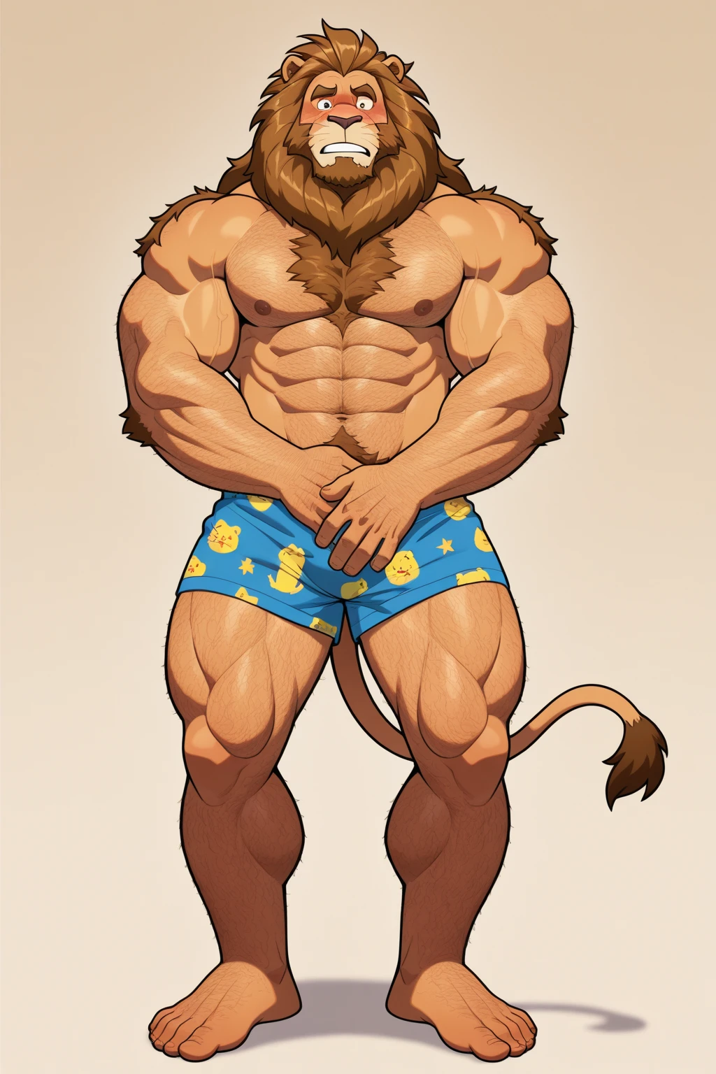 (90's cartoon)1.2, male anthro buffalo, black firm fur, beige belly, white boxer briefs with heart pattern, muscular, broad shoulders, strong neck, pecs, small legs, small narrow waist