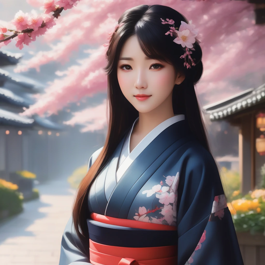 midjourney,(masterpiece, best quality:1.2), solo, beautiful young woman, Vinda, Japanese, 22 years old, long silky black hair, red flower hair ornament on the back of her head, beautiful grey-black eyes, gentle smile, soft expression, direct gaze toward viewer, graceful and elegant

Wearing a flower-themed costume combining: kimono (left side forward), shrine maiden style, red miniskirt, white frilly petticoat underneath, white tabi socks, black high heels, long-sleeved translucent jacket, see-through decorative wrap around waist

Standing in front of a cozy neighborhood flower shop in early spring.  
Surrounded by blooming **traditional Japanese spring flowers**, such as plum blossoms, cherry blossoms, peonies, camellias, and wisteria, arranged tastefully and harmoniously.  
The floral colors are vibrant but soft — shades of pink, white, light purple, and gentle yellow — creating a lively yet refined atmosphere.  
**Spring sunlight** filters through gently, with a slightly warm tone and soft shadows, evoking the fresh, calm feeling of a spring morning.  
Some petals float in the air, adding motion and seasonal charm.

Camera angle: slightly low and frontal, emphasizing her grace and warmth  
Pose: standing gracefully, softly smiling, gently holding or touching a bouquet or flower basket, natural posture, wind lightly moving her hair and sleeves

The flower shop and the girl are in sharp focus, with the surrounding neighborhood subtly blurred to create a soft depth of field.  
The whole scene feels peaceful, warm, and full of spring freshness

Soft, dreamy, elegant illustration style, high detail, warm and ethereal tone, focused on the girl and the flower shop,(spring atmosphere:1.2), cherry blossoms, plum blossoms, camellia, peony, wisteria, soft morning light, floating petals, pastel spring colors, soft warm tone, gentle breeze



