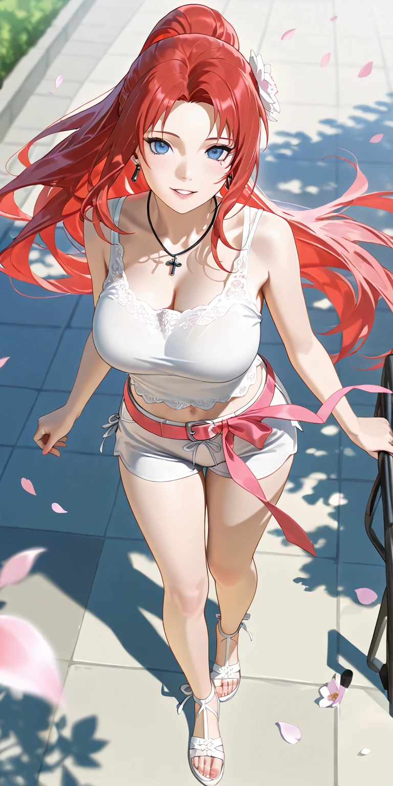 (((1 girl))) short hair, earings ,glossy lips ,team rocket uniform, red letter R, white skirt, white crop top, black thigh-high boots, black elbow gloves, evil smile, looking at viewer, cowboy shot, arms crossed, full body photo Mercedes von Martritz (Fire Emblem: Three Houses)