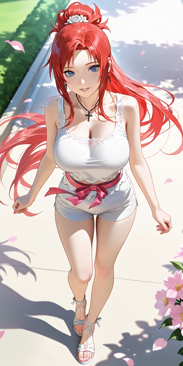 (masterpiece), (Highest quality), (Very detailed), 1 Girl, Sexy pose, blush,Large Breasts、 Wearing a camisole, Happy, Looking at the audience, Big Hair, Red hair, wood々at the park, shy,