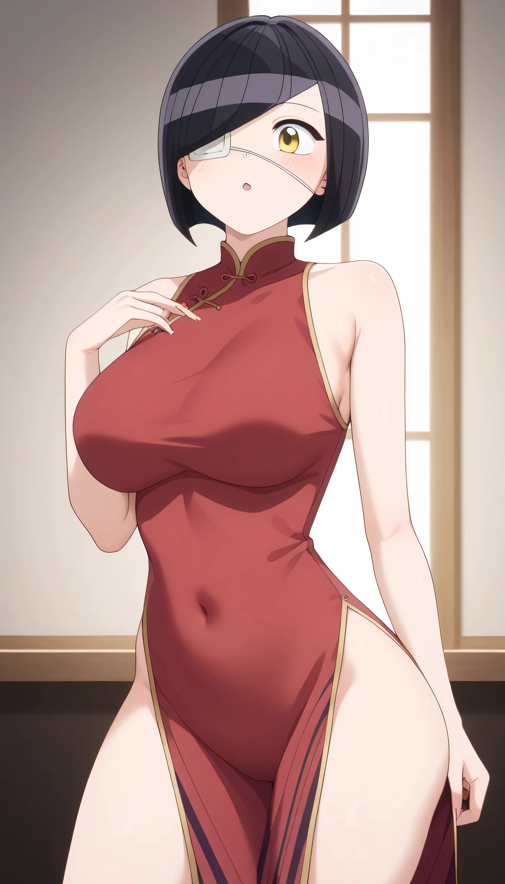 NSFW, Masterpiece, best quality, high resolution, very detailed, omoharu nakanaka (\Komi Can't Communicate\), black hair、bangs、 short hair、 yellow eyes、eyepatch、eyepatch in left eye、Large Breasts、Red China dress, Thick Thighs, Medium waist, sleeveless, Chinese restaurant