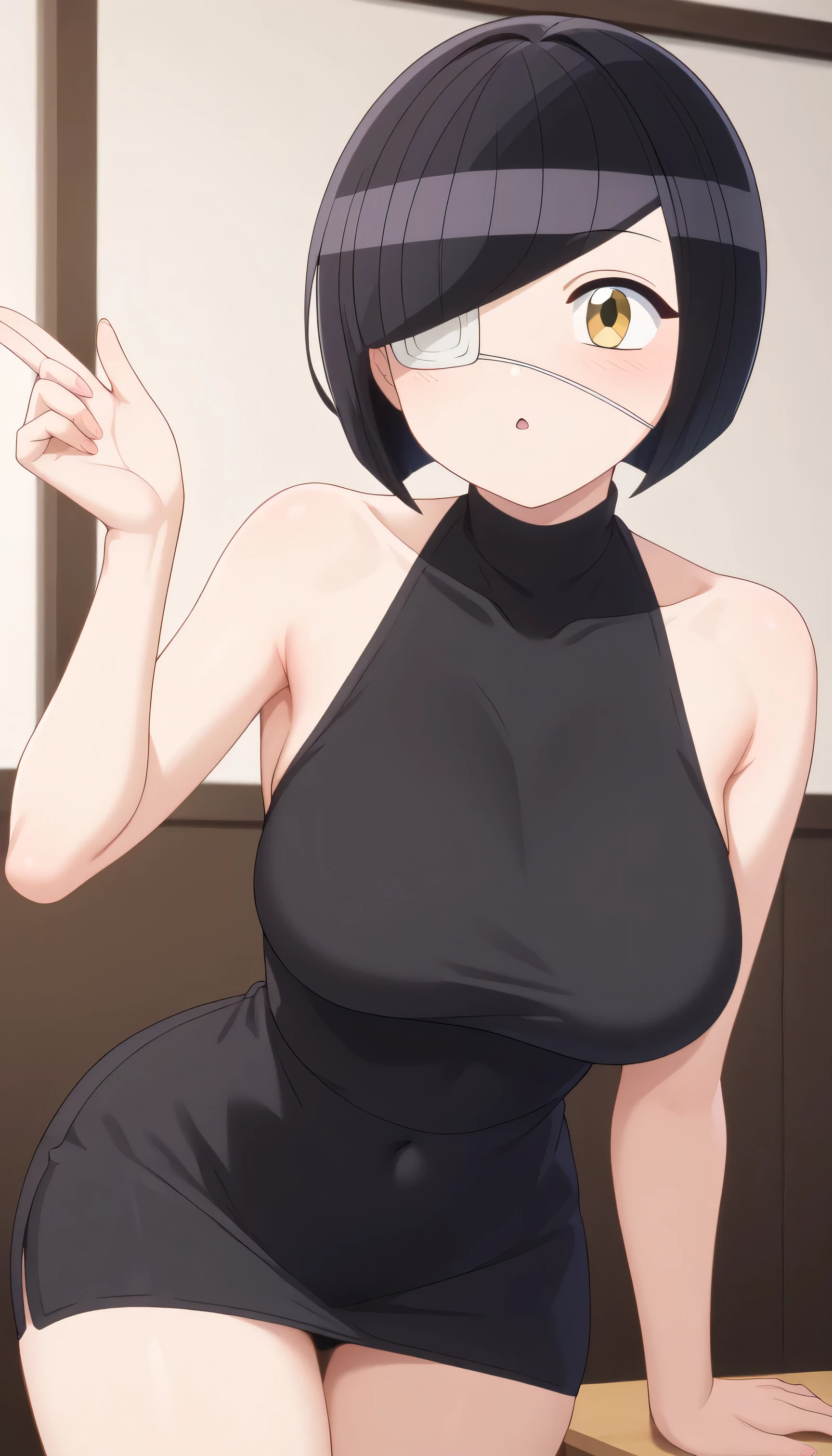 NSFW, Masterpiece, best quality, high resolution, very detailed, omoharu nakanaka (\Komi Can't Communicate\), black hair、bangs、 short hair、 yellow eyes、eyepatch、eyepatch in left eye、Large Breasts、Naked、Completely Naked、Thick Thighs, Medium waist, sleeveless, Chinese restaurant