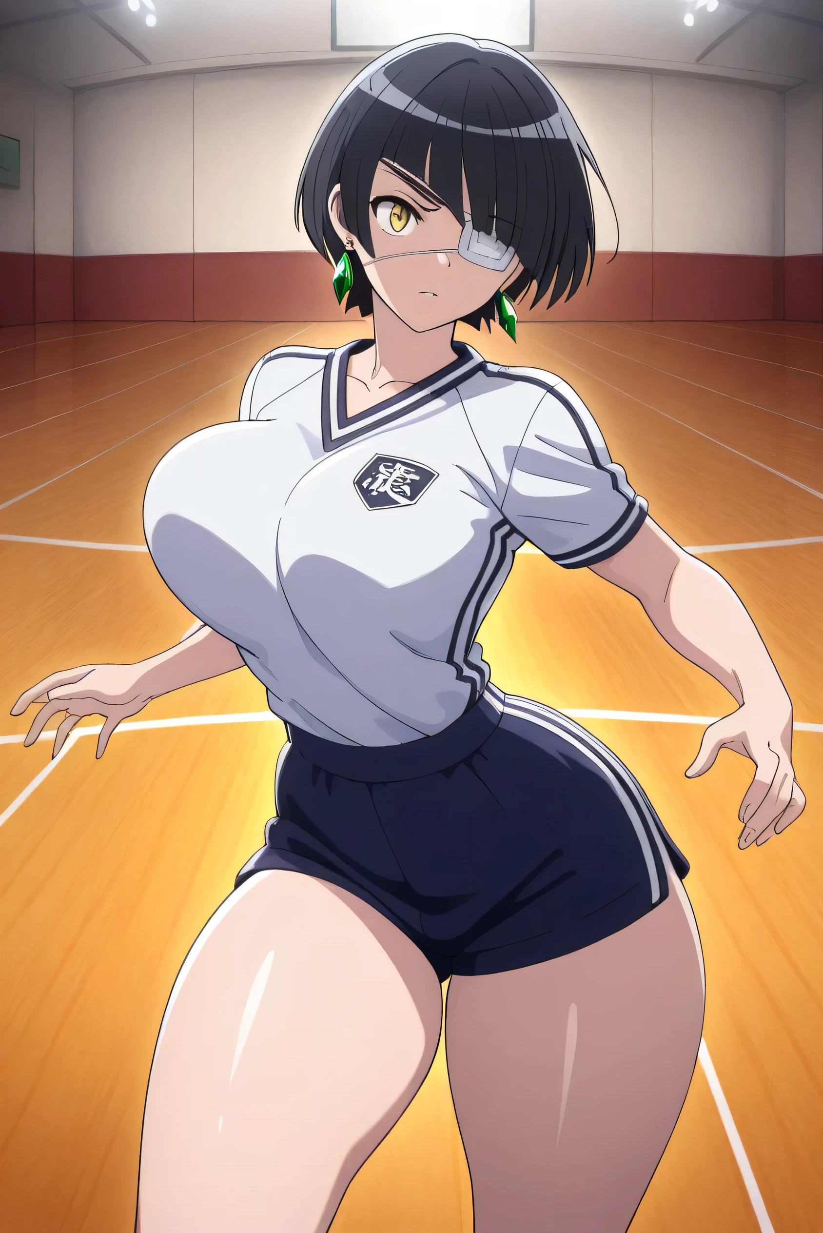 masterpiece, NSFW, Omoharu Nakanaka , perfect body, 20 years, perfect face, black hair, bangs, short hair、 yellow eyes, eyepatch, eyepatch in left eye, large breasts, sensual look, medium waist, narrow waist, thick thighs, thighs, dynamic pose, Emerald Earrings, school sports uniform, short top, short shorts, basketball court