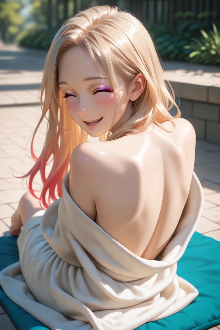 masterpiece, best quality, illustration, (dynamic lighting:1.2), cinematic lighting, reflection, delicate facial features, ultra-detailed eyes, sharp pupils, realistic pupils, depth of field, sharp focus, (hyper-detailed, bloom, glow:1.4), exceptional beauty, alluring face, cute look, multicolored hair, ponytail, high ponytail, (ponytail:1.3), (high_ponytail:1.2), long ponytail, (bright pink hair:1.3), shining hair, bangs, long side bang, enchanting blue eyes, shiny, sparkle, sparkling, elegance, jewelry, ornaments, 1girl, solo focus, medium full shot, cowboy shot, white skin, intense bright, absurdres, high-res, ultra-detailed, large breasts, huge breasts, perfect breasts, round breasts, hair ornaments, earrings, perfect arms, perfect hands, perfect fingers, detailed hands, detailed fingers, perfect body, perfect, embarrassing, blushing, smiling, angelic, expert shading, extreme light effects, intense bright, glare, sharp eyelash, red lips, dynamic pose, huge smile, beautiful, accurate anatomy, perfect anatomy, showing body curves, one arm up, arm up, hands on hair, eyeglasses, (eyeglasses:1.4), (round_eyeglasses:1.2), wearing glasses, renaissance, sunshine, princess, goddess, crown, tiara, halo, lunar, lunar new year, night market background, lanterns, fireworks, royal, royal style, luxurious style, ultra detailed eyes, detailed iris, sparkle eyes, (multicolored eyes), (heterochromia), (messy hair:1.3), (bright pink hair:1.3), (long ponytail:1.3), (hair over one eye:1.3), (wavy hair:1.1), looking at the camera, standing in front of a clump of roses, (completely nude:1.3), nude. no pants, pantless, skirtless, bottomless, upper body, close up, flowers, tying hair, adjusting hair, sitting, (crossed legs:1.3), legs crossing, knees high, one knee up, bare legs, completely naked legs, slender legs, from below, from below view, nipples, pink nipples, erected nipples, perfect nipples, pink , (exposed_nipples:1.3), exposed nipples
