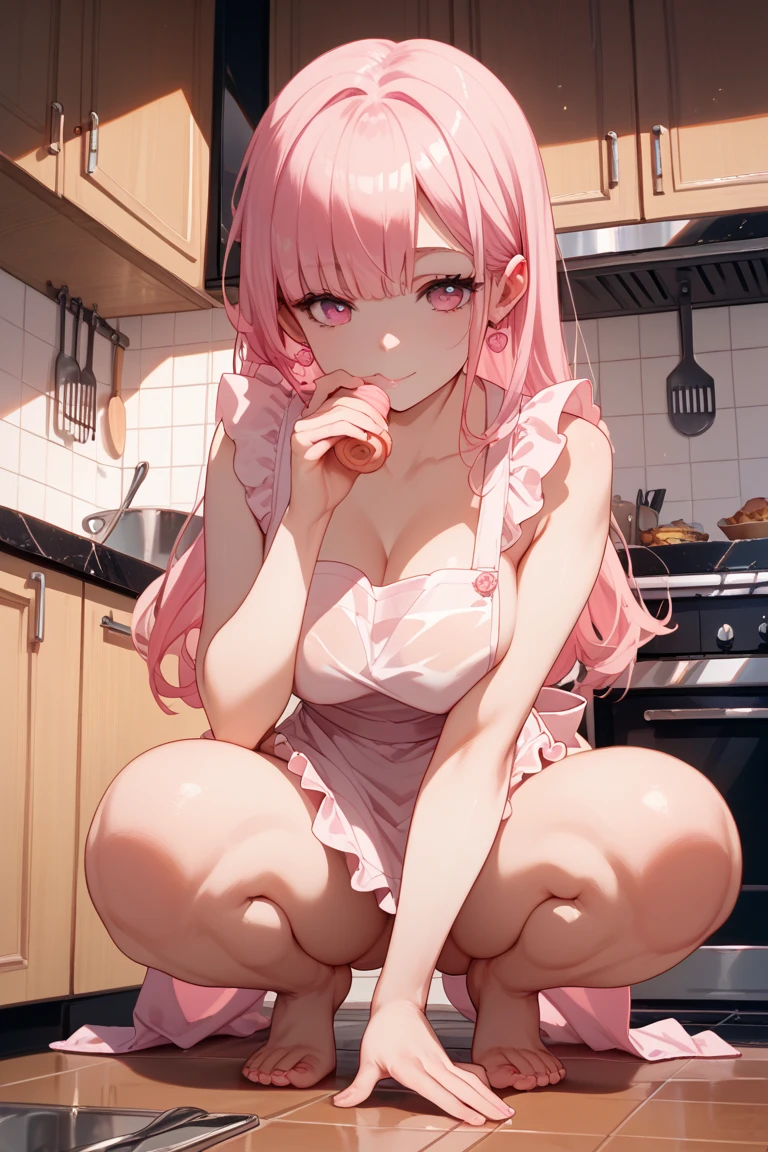 1girl,pink hair, open forehead, housewife, in the kitchen, blue eyes, slim waist, 20 years old, long legs, adult, correct anatomy, best quality, detailed eyes, high-quality hair, 2 eyes, 2 hands, correct leg anatomy, 2 legs, correct hand anatomy, long eyelashes, beautiful lips, lots of details, an adult beauty