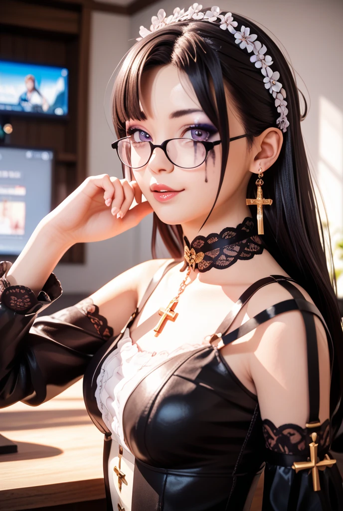 Are you okayですか、(best illustrations)、8k UHD resolution、intricate details、highest quality、realistic、Super detailed、best lighting、best shadows、soft lighting、Ultra HD、超realistic、Tyndall effect、Photoreal、(high detail skin:1.2)、 (intricate details, compensate, face to face with the children_v1:0.5), (Fine, beautiful and delicate face, Are you okay, beautiful and delicate eyes, perfectly proportioned face, high resolution skin, fine skin, Optimal ratio of 4 fingers and 1 thumb, arm under chest, red tattoo on lower abdomen、wow wow, wide hips, smooth abdomen, thin and thin skin, __fashion__, __hair__:1.25)、Digital single-lens reflex camera、 absurd、(table top: 1.3), (maximum resolution: 1.2), (Ultra HDTV: 1.2), cinematic light, fine eyes and skin, detailed facial features, , (sharp focus: 1.2）, (focus on face:1.2),perfect style, beautiful face, acura, anatomically correct, Highly detailed face and skin texture, fine eyes, double eyelid, thin eyebrows, glitter eyeliner: 1 natural cheeks, Glossy skin, Fair skin: 1.2, (glossy lips: 1.4),(embarrassed look: 1.2),Highly detailed face and skin texture, fine eyes, double eyelid, natural cheeks,  glossy lips: 1.4,exposed cleavage、Bewitching。attractive、 Beautiful devil woman from hell, Surreal female portraits by David Hockney and Alphonse Mucha, attractive女性の肖像画、fantasy art, chinese doll、Chinese actress、dungeon、dragon、devil&#39;s palace、devil&#39;s torture chamber、night、dark style 、in the dark、(detailed spooky background:0.8), magic、 1 girl、evil nun、dark necromancer、Succubus、devil&#39;s daughter、Shinonome Umi、bat wings，(devil&#39;s horns)))、 ((((giant glasses, otaku glasses, thick glasses, round glasses)))),(((big breasts)))、(devil&#39;s tail)、(red eyesは光り輝いて:1.6)、red eyesは非常に鮮明で詳細です, The eyes are made up very beautifully, ((red eyes:1.0)),intricate tattoo, demonic intricate tattoo, Tattoo on the thigh, body tattoo, masterpiece、最もbeautiful face、baby face、cute smile、beautiful plump red lips、筋肉のattractive体、悪魔のattractive体、devil style、attractiveブラックマジックコスチューム、The long-haired、Braid、Black hair、Ponytail distortion、, Ponytail with a bow tied at the back of the hair, beautiful expression、body up、big breasts強調、bust,  super tight chest, Breast augmentation surgery, The chest is very large and round,tight waist、wide ass、 discreet key, cowboy lens, (Black Phoenix Dress: 1.0),  devil crown,  red sparkling gemstone necklace、Jewelry G Wise,  Please wear black mesh socks,Wear light red、nffsw, nffsw, meet beautiful girls, look at the girl&#39;s body, (upper body portrait), Protagonist Close-up, 