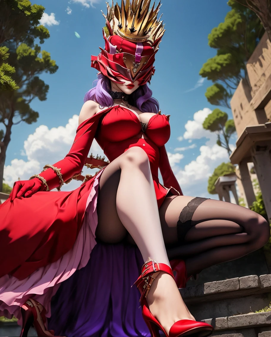 (masterpiece: 1.2, best quality), (1 loli, solo), huge breasts, (dynamic posture), (bright skin, dark red skin), demon girl, red skin thin and lacy gloves, ( small demonic horns:1.1), (Lilith \(Darkstalkers\)), (heaven), fringe, (jewelry, golden ornament:1.15 ), large pelvis, blue (pantyhose:1.1)