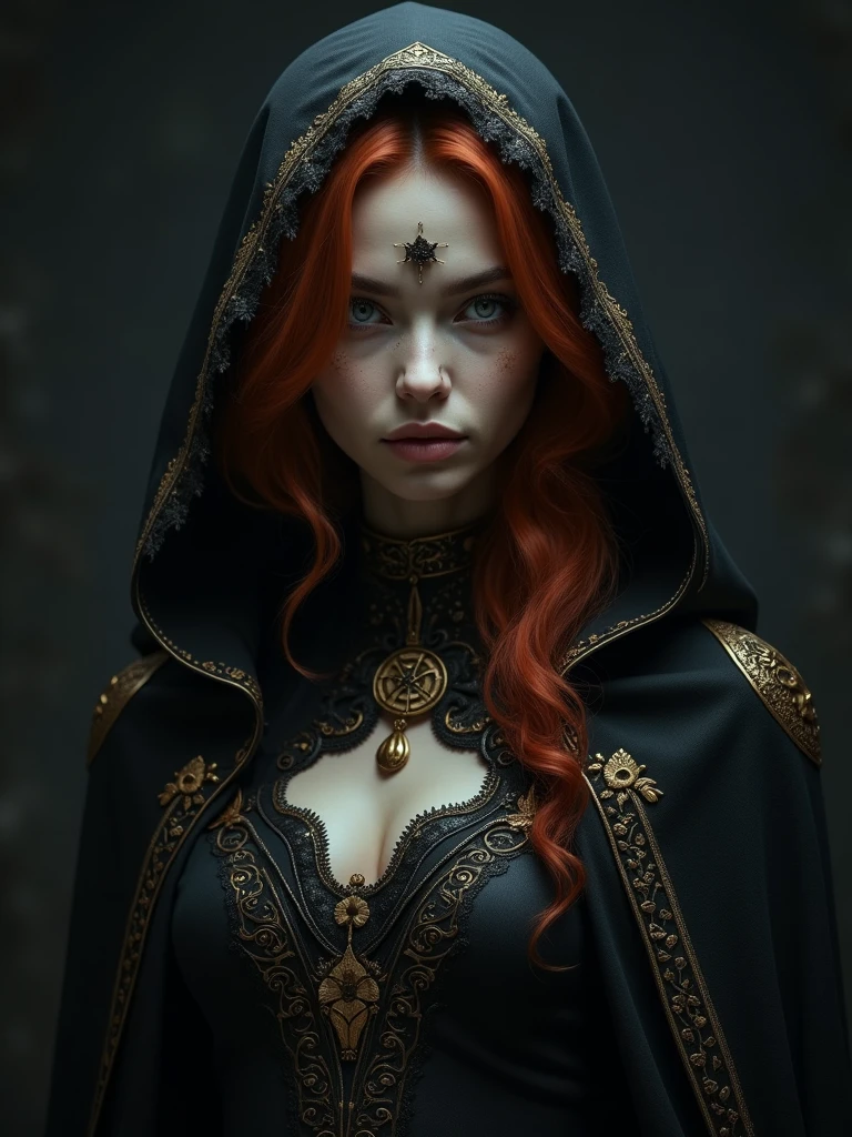 Girl,red hair，witch Queen，accessories，OM pendant, pentagram earrings, zeus tattoo, big cross in hand，hijab unbuttoned，Red lipstick