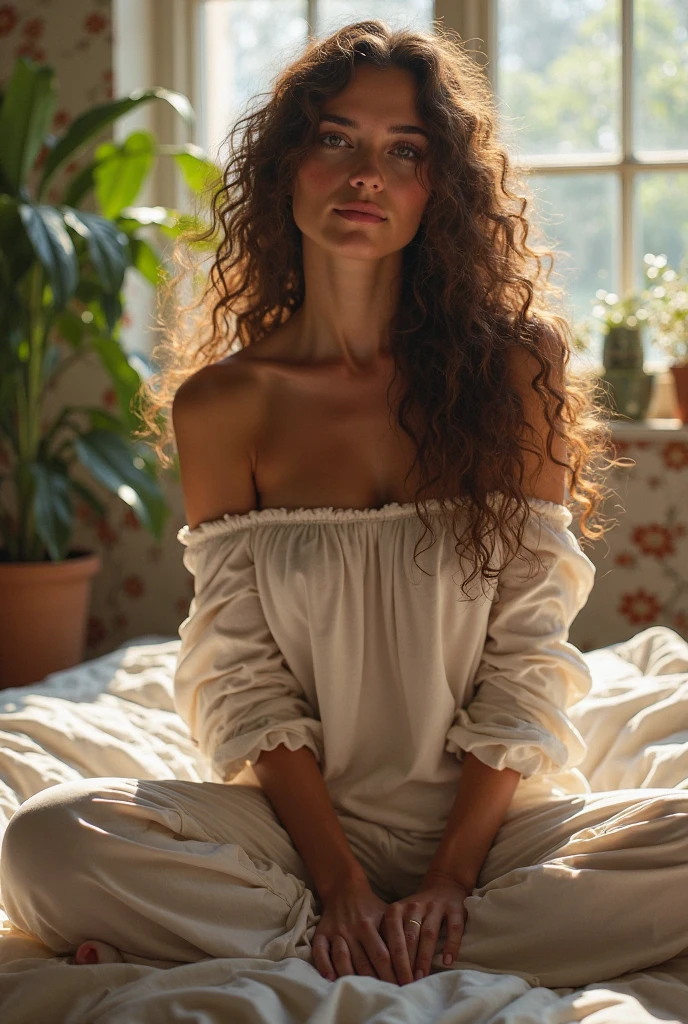(photorealism:1.2), beautiful woman, sitting on bed, wearing loose off-shoulder top, pajama pants, long curly hair, indoors, soft lighting, plants in background, window with sunlight, cozy room, relaxed pose, realistic, intricate details, warm colors, by Greg Rutkowski, by Alphonse Mucha