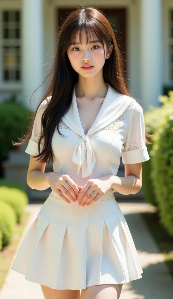 1个Giant Breast Girl, (((tmasterpiece, Best quality at best))),(actual, realisticlying), purpleish color_evergarden, cow boy shot, Black hair, woven, Redhead ribbon, By bangs, , Blue long sleeves, jewely, Brown eyes, brooch, ascot, ((a white long skirt)), looking at viewert, The upper part of the body, Normal fingers, Slim fingers, Outdoor activities, ((borgar)),((house)) the street, green plant, blossoms,