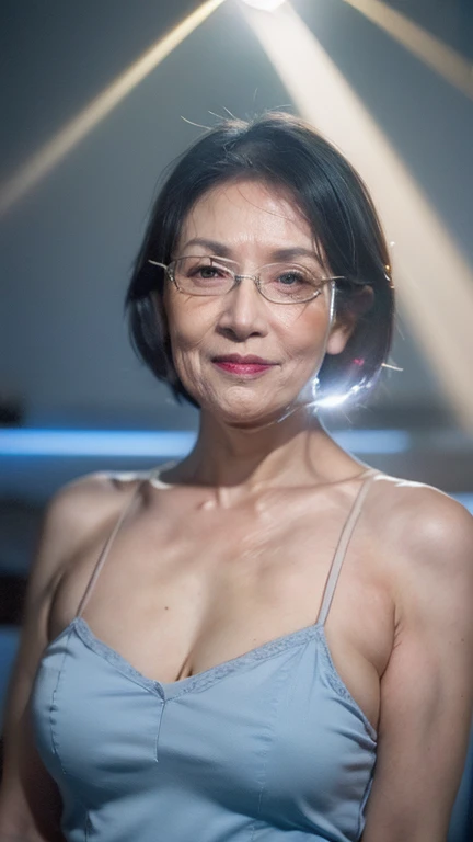A professional full body photo of Tsai Ing-wen,mature woman with glasses,,(in a bikini), realistic short hair,( Bob cut),(vivid colors),masterpiece, best quality, detailed,(((at night city))), (((midnight))),((late night)),(late at night,night-time, after dark), flash lighting,Perfect Face,sexy Face, looking at camera,smile,<lora:TsaiIngWen_v2:1><lora:theovercomer8sContrastFix_sd15:0.4>,to8contrast style