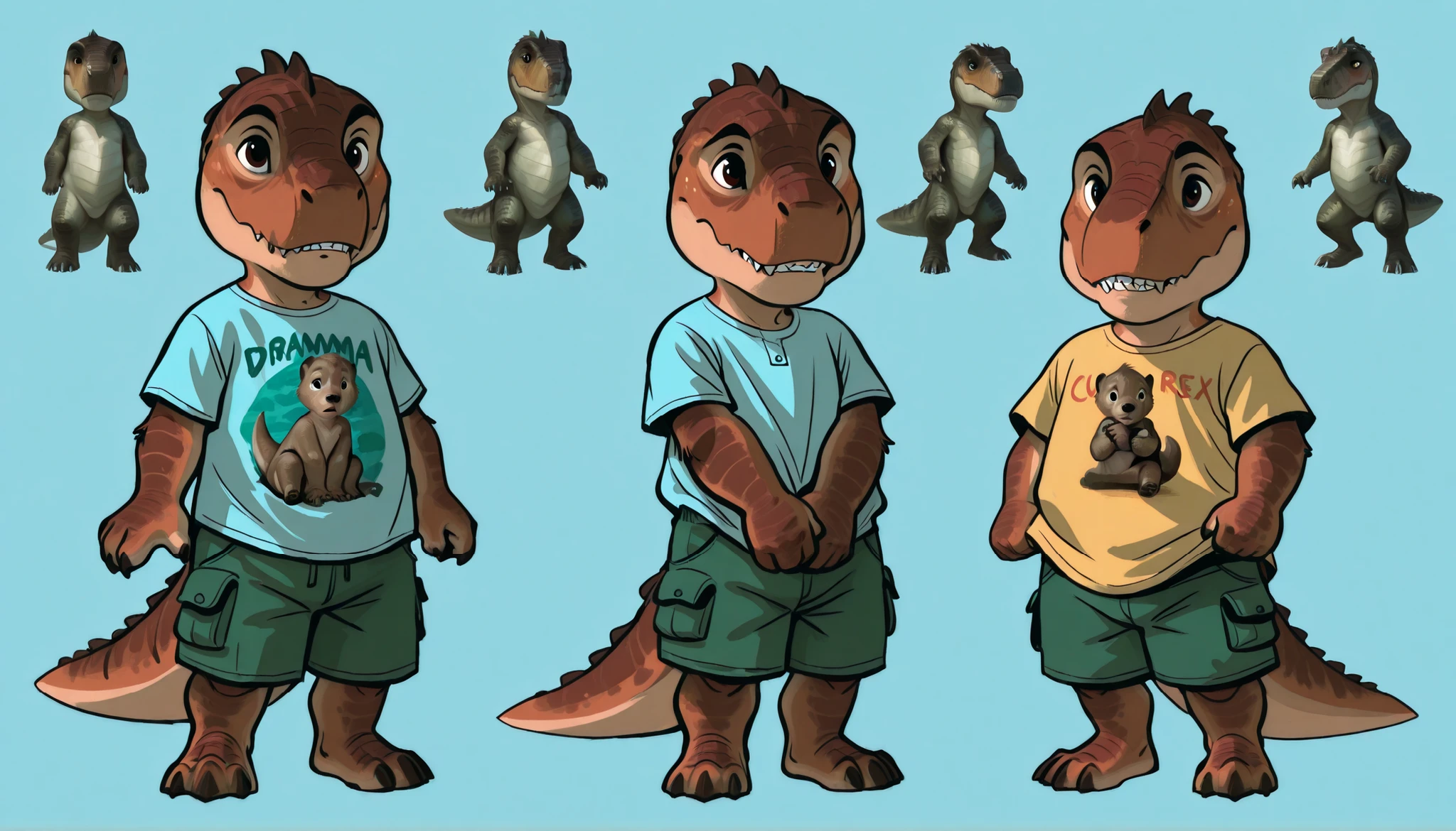 Anthro T-rex, dinosaur, scale, reptile, male, young, toddler, small, short, cub, thick tail, cute, t-shirt, cargo shorts, claws, teeth, simple design, character design, character concept art, multiple views, shy, (by dramamine, by studio ghibli)