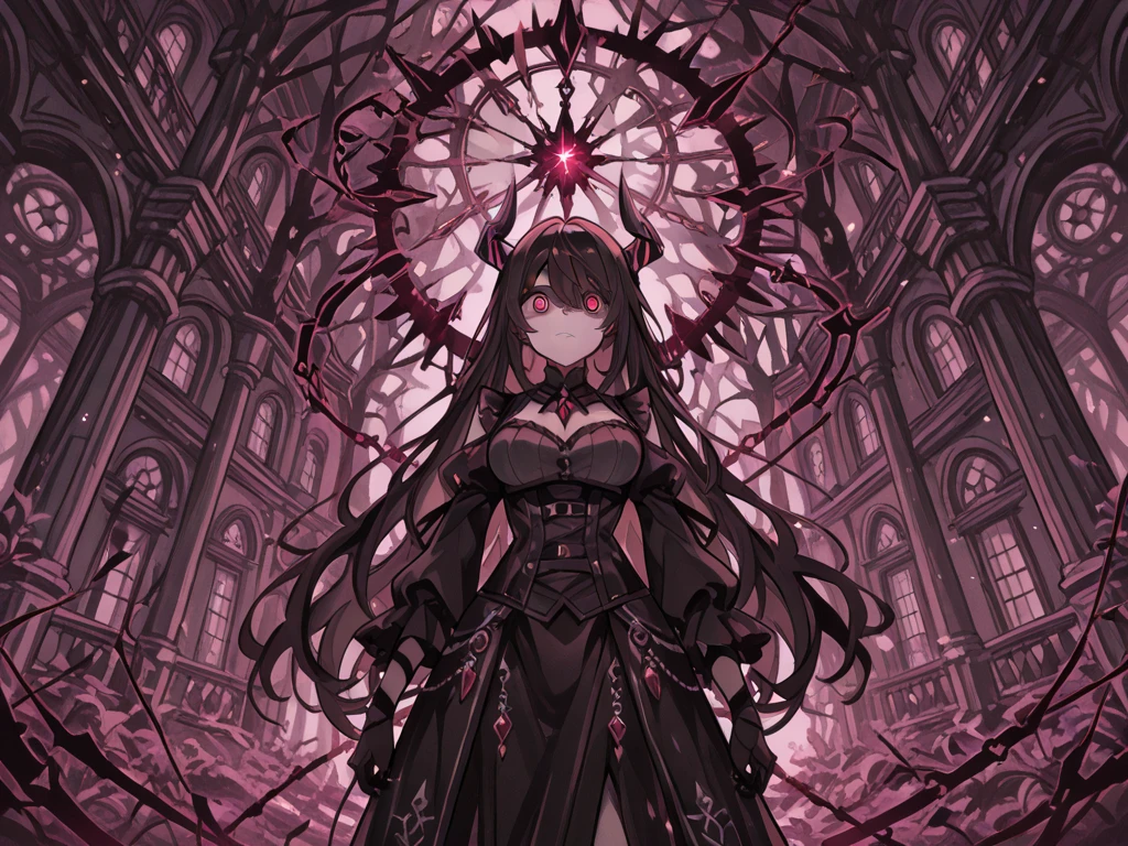 whole body, Solitary,A beautiful female demon, Sitting on the majestic throne of power, With red glowing eyes, Albinos with very pale skin, Long hair fluttering in the wind, Floating flame particles, Long flowing transparent black dress, (Long and complex horns:1.2) desolate, surreal fantasy, at night, Geometric abstract art, fantasy, detailed, (Rim Light, Side lighting:1.4), Bokeh, 4K