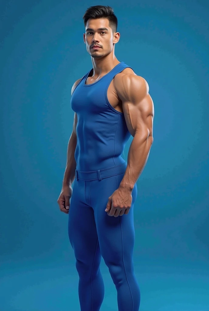 Best image quality, Ultra-high resolution,Long legs,Are standing,photograph,1 male,Blue wrestling singlet,Black long tights,Long white socks