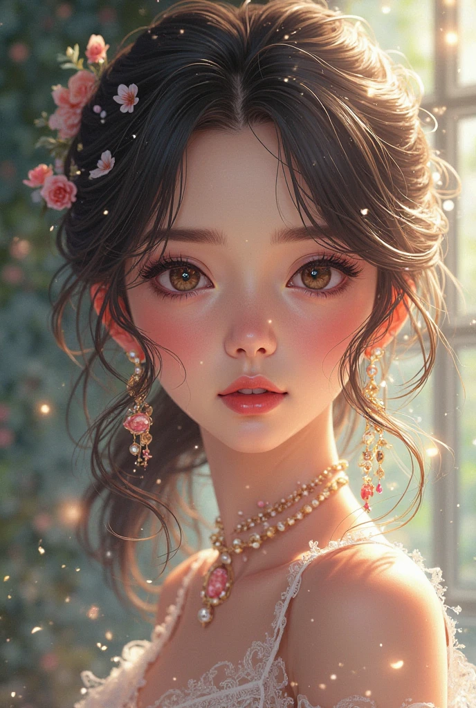 Close up portrait of long-haired woman in earrings, cute detailed digital art, kawaii realistic portrait, Cute digital art, Adorable Digital Painting, artwork in the style of guweiz, beautiful digital illustrations, anime styled 3d, High quality detail art in 8K, lovely delicate face, Gorgeous Digital Painting, [ 4 k digital art ]!!, Anime style. 8K