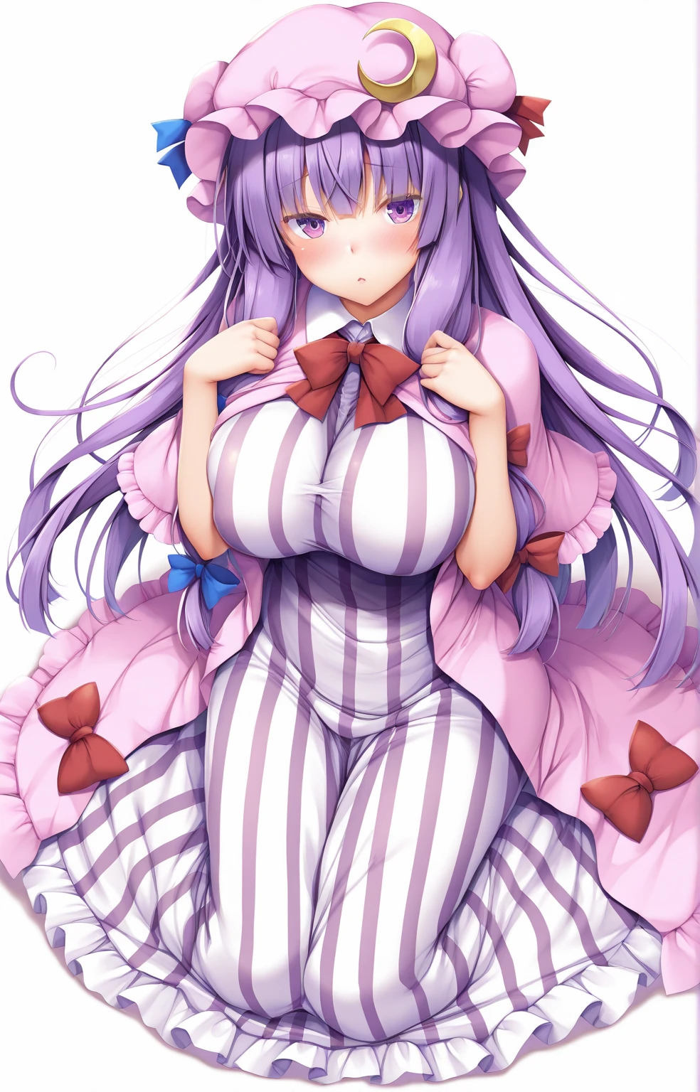 1girl, solo, <lora:CrotchPlate0831:1>,bottomless, (crotch plate),
groin, standing, (patchouli knowledge), purple hair, white headwear,
dress lift, blush, (half-closed eyes), (purple eyes), heavy breathing, steam, embarrassed, shy, lifted by self, navel, wavy mouth, open mouth, large breasts,