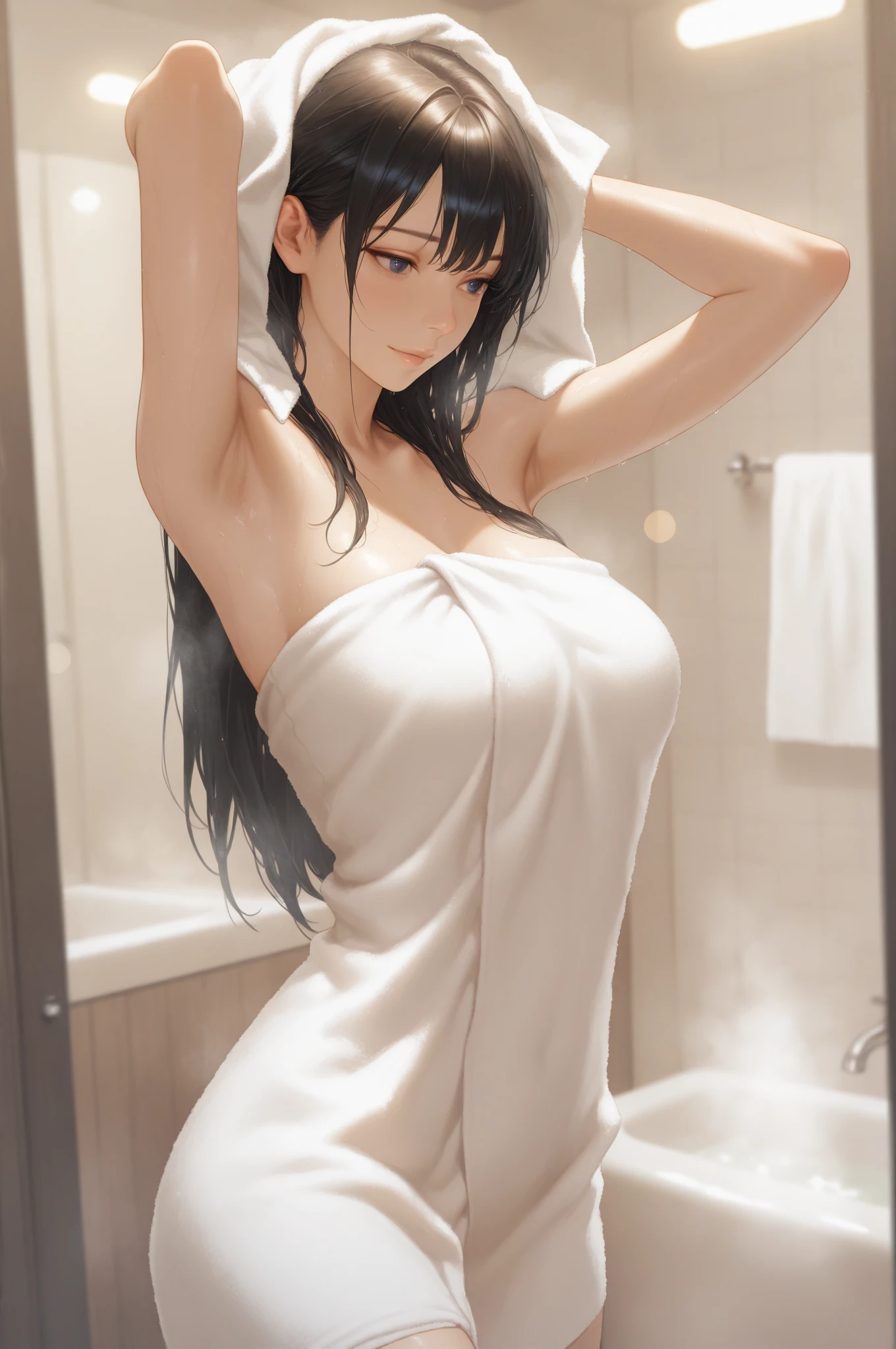 High detailed, 4k, Masterpiece, Cinematic Lighting, voluptuous woman with a curvy body, in a bathroom, she is wearing a towel around her body, hands touch her head, depth of field, from behind