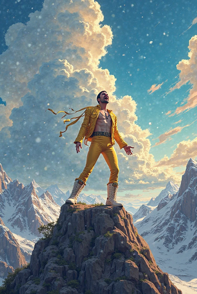 young man god of happiness his hair is black and the roots are white Scandinavian god of fun, 160 height, medium length hair black white, athletic build, sits on a cloud, below people drink beer and have fun, people look like Vikings, anime style